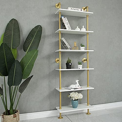 HEONITURE HEONITURE Industrial Gold Bookshelf-6 Tier Wall Mounted Ladder Bookshelf, Rustic Gold Storage Book Shelves Display Bookcases for Living Room/Home/Office