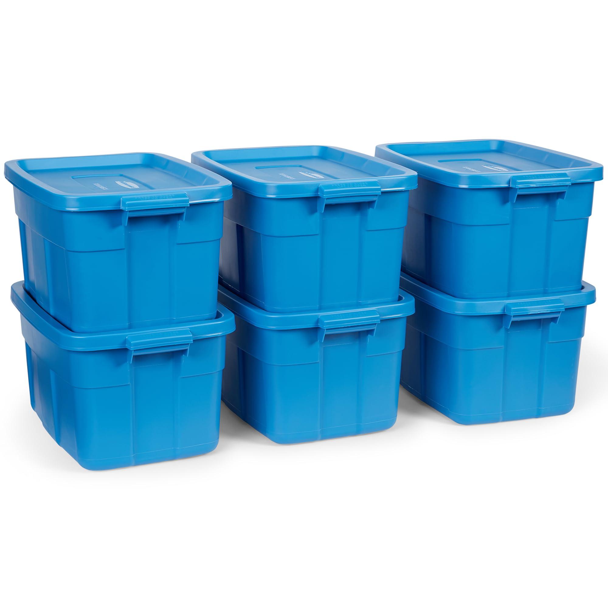 Rubbermaid Rubbermaid Roughneck Tote 14 Gal, 6 Pack, Made in USA, Herirage Blue, Rugged Plastic Stackable Storage Bins with Lids and Handles