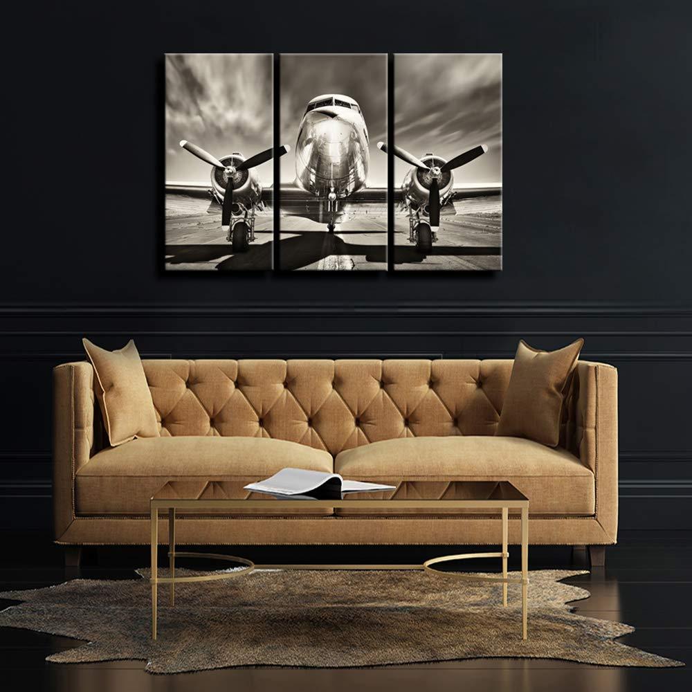 KLVOS KLVOS 3 Piece Airplane Wall Art Vintage Black and white Propeller Aircraft Picture for Boy Room Home Office Modern Home Decor Stretched and Framed Ready to Hang - 16"x32"x3pcs