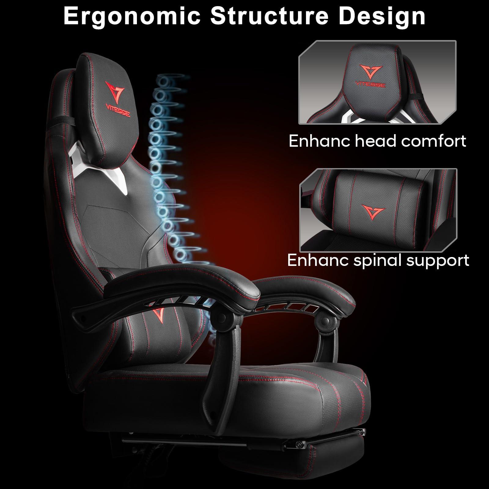 VITESSE VITESSE Big and Tall Gaming Chair 400lb Weight Capacity with Footrest, Ergonomic Video Game Chair for Adults with Oversized Headrest and Lumbar Pillow, Computer Chair Gaming for Office (Black+Red)