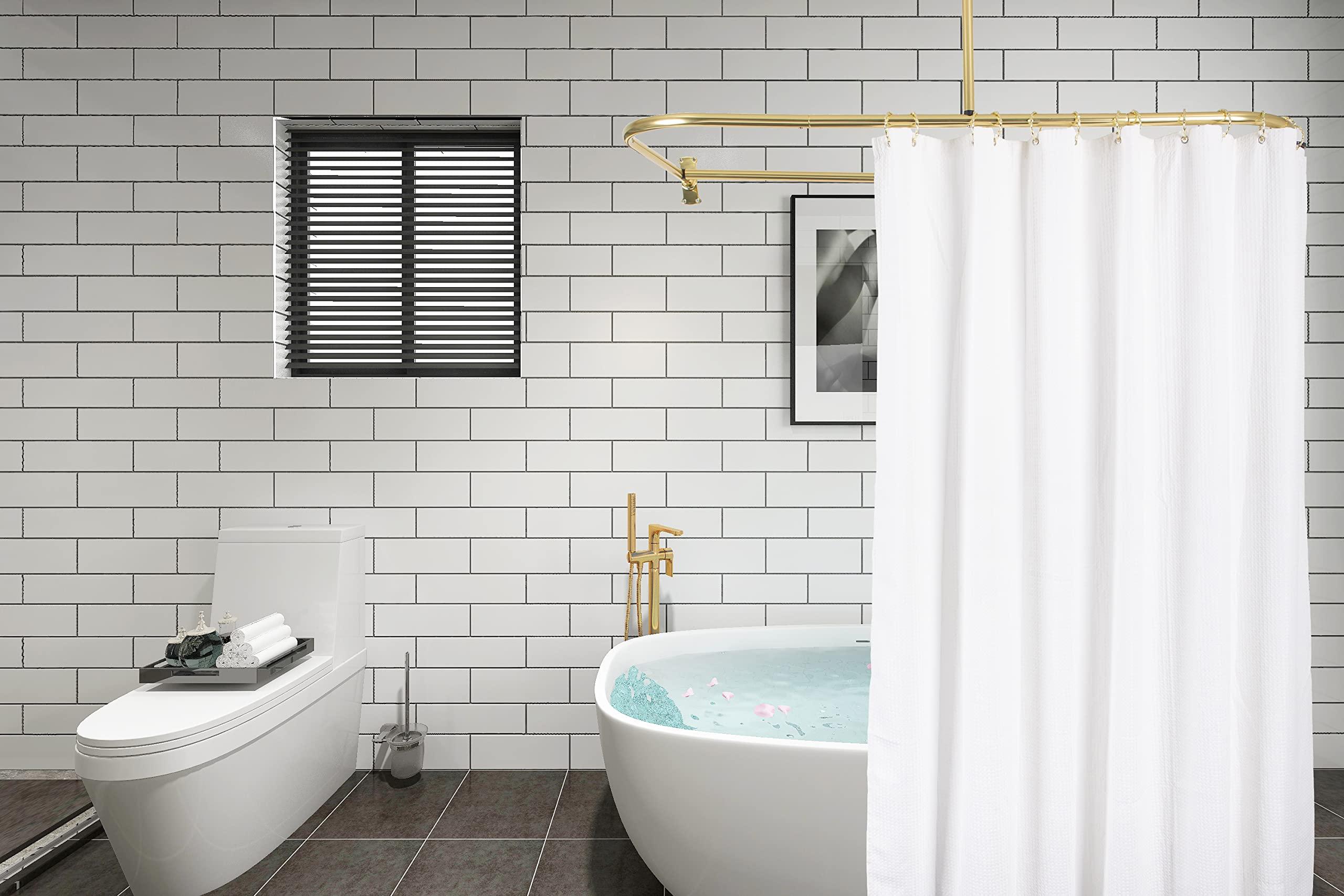 Utopia Alley Utopia Alley Rustproof Aluminum Shower Curtain Rod | D-Shape Shower Rod with Ceiling Support, Perfect for Freestanding Tub & Shower, Gold + White Curtain Combo (61"L x 28"W)