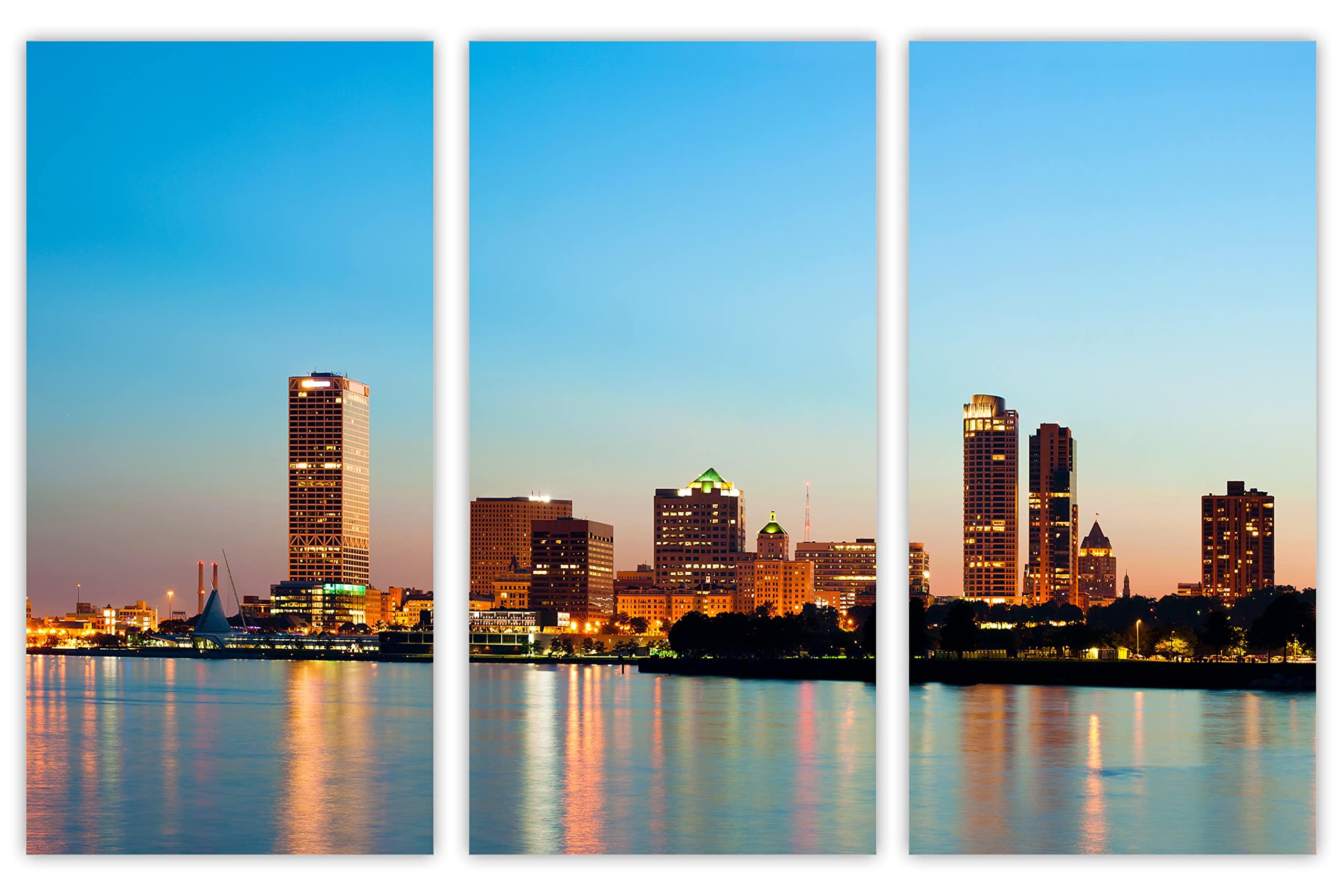 HomeLoft Basics 24 x 16 TOTAL - City of Milwaukee, USA Skyline Canvas Print - 3 Panel Split, Triptych Wall Art. Wisconsin