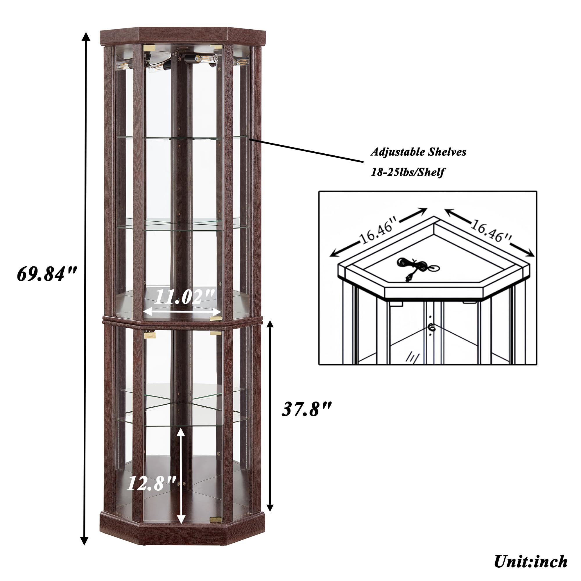 XZTUAJ XZTUAJ 69" H Lighted Corner Curio Cabinet Display Case With Adjustable Shelves, Tempered Glass, Mirrored Back Panel for Living Room (Dark Cherry)