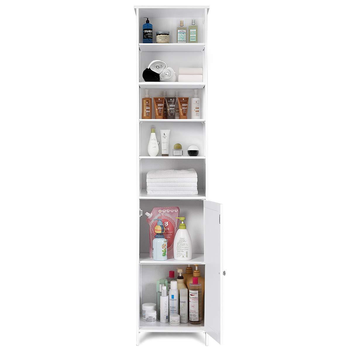 Tangkula Tangkula Slim Tall Bathroom Storage Cabinet, 72" H Floor Standing Tower Cabinet with Adjustable Shelves & Cupboard with Door, Space Saving Narrow Storage Cabinet for Bathroom (White)