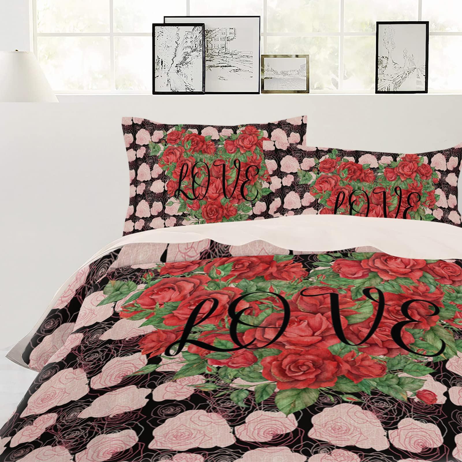 Debedcor Cal. King Comforter Covers Sets Valentine\'s Day 4 Piece Duvet Cover Set Lightweight Microfiber Soft Bedding Set for Adult Teen, Red Rose Flowers Love Heart Black
