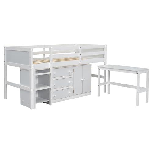 Ball & Cast Ball & Cast Twin Size Low Loft Bed Bunk with Pull-Out Desk and Drawers,Multifunctional Wood Bebframe W/Full-Length Guardrails and Storage Cabinet,Spacious Bookshelf,for Bedroom,Apartment,White