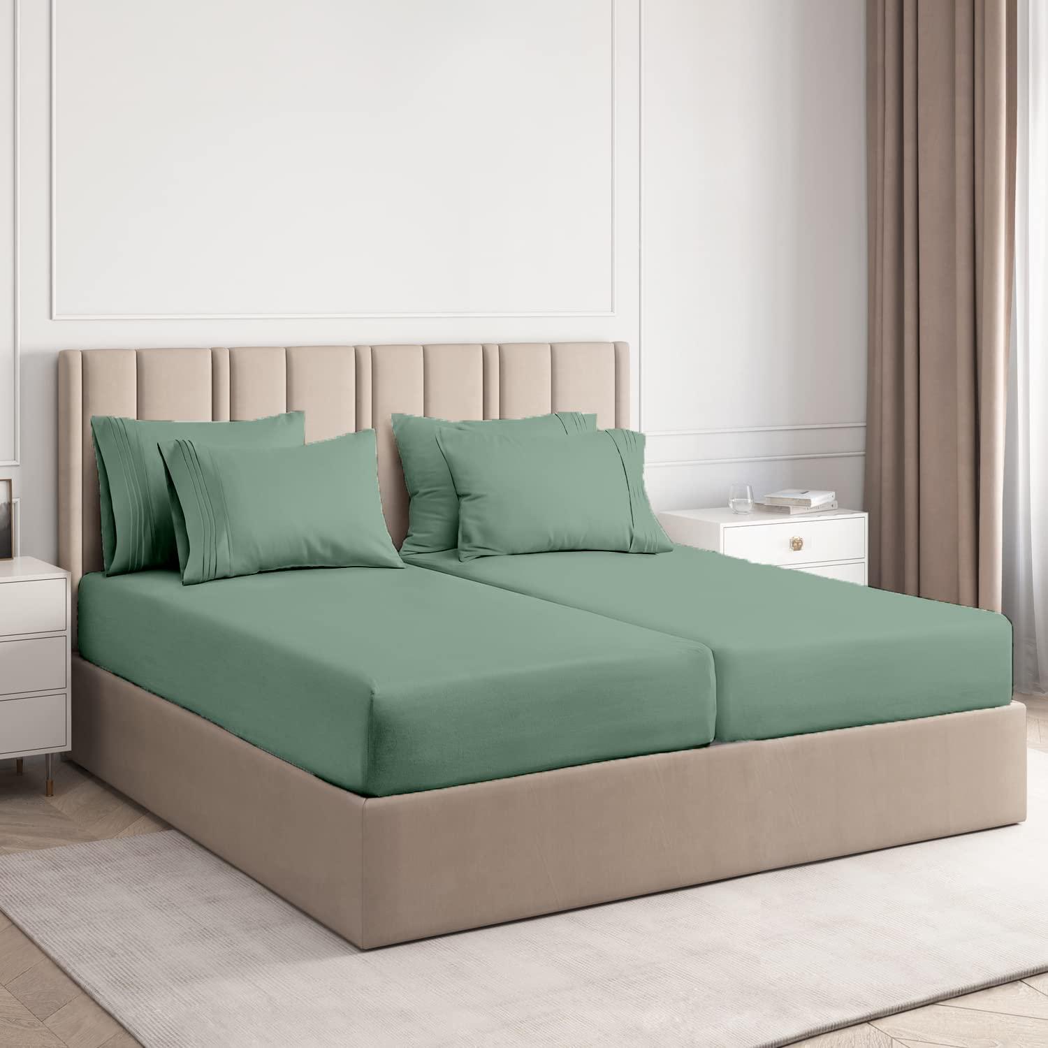 RJ BEDDING RJ BEDDING, Split CALIFRORNIA King Size Sheet Sets, 7Pcs, 100% Egyptian Cotton Luxury Sheet, 800TC, Sateen Weave, Extra Soft, DEEP Pocket 15\" INCH, Wrinkle Free, Breathable, Moss