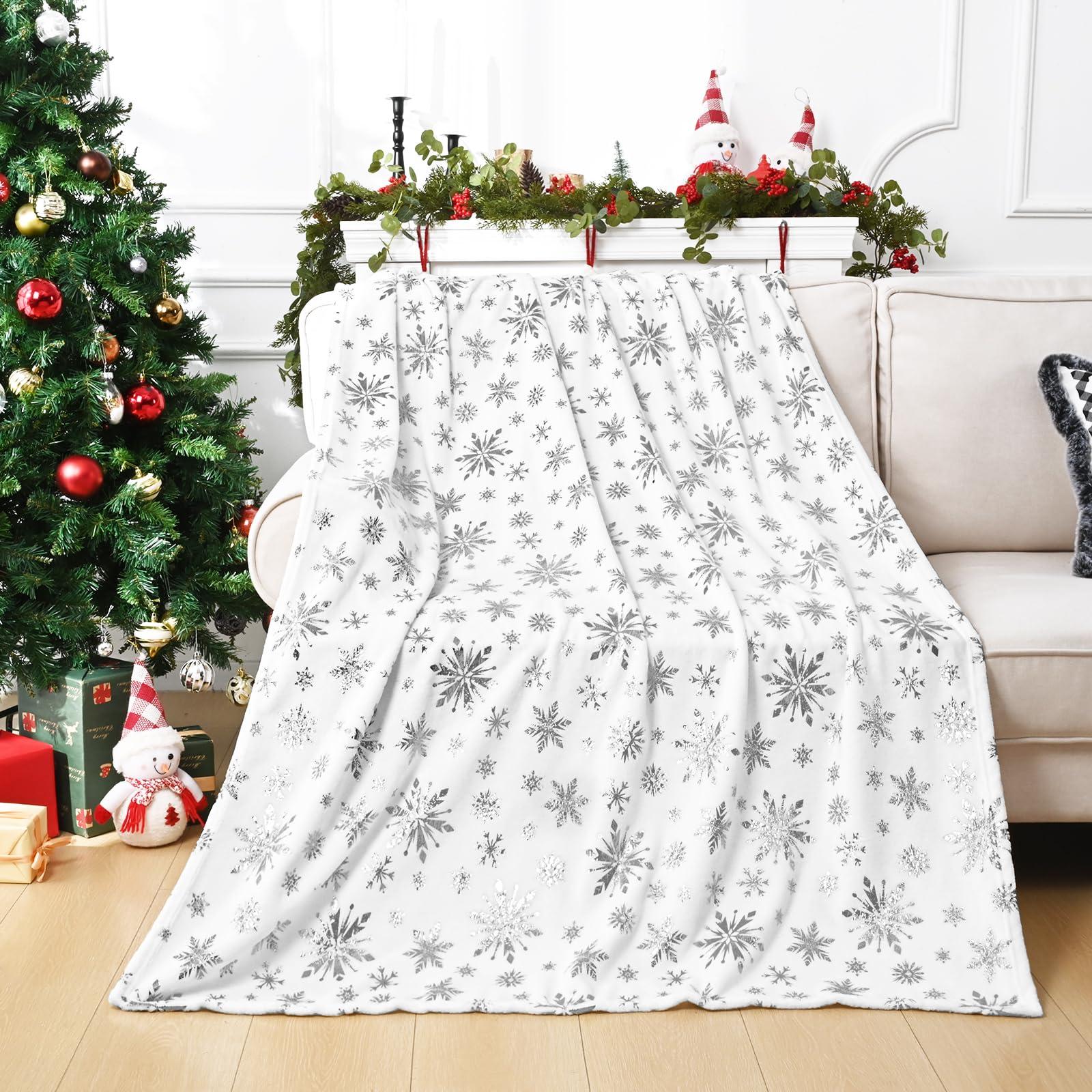 FRAMICS Merry Christmas Throw Blanket, Silver Snowflake Foil Print Throw Blankets, White Winter Fluffy Fleece Blanket for Couch Warm Bed Napping Flannel Blanket for Sofa Bedroom Gift Xmas Decor, 50\" x 60\"