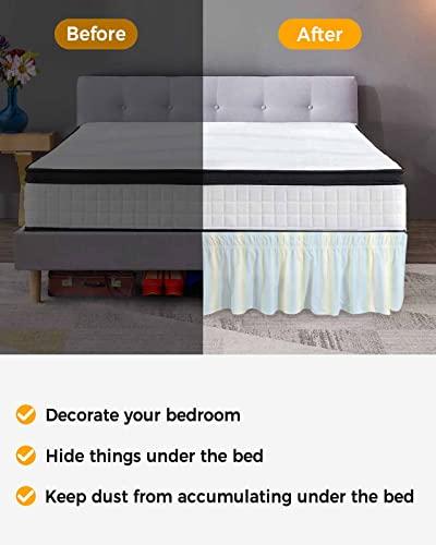 RisQiten Teal Blue Striped Bed Skirt King Size 16 Inch Drop, Adjustable Elastic Bedskirt Dust Ruffle for King Size Bed, Modern White Cream Ombre Abstract Art Wrap Around Bed Skirts Pleated Bed Frame Cover