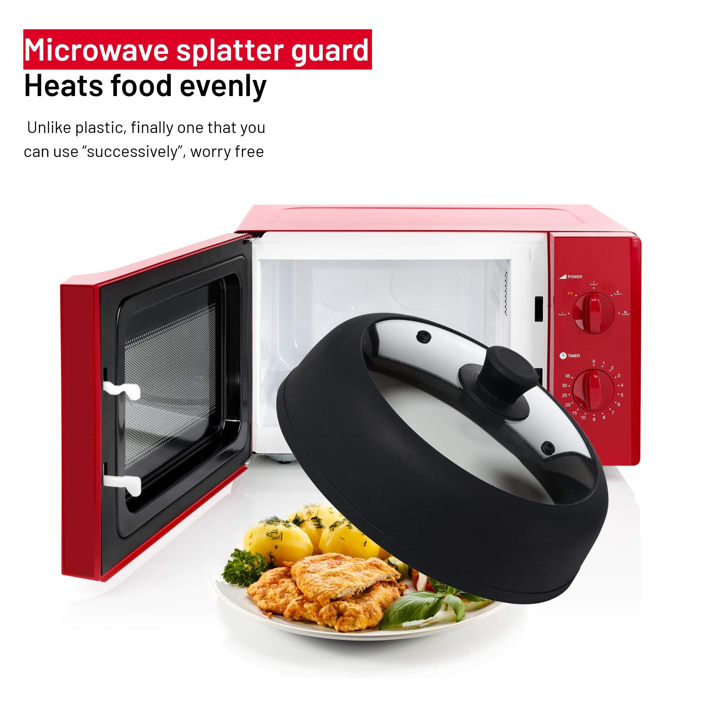 Bezrat Bezrat Vented Glass Microwave Plate Cover | Large 12-inch Splatter Guard Lid | Firm Grip Silicone handle | 100% Food Grade | Dishwasher Safe (Black)
