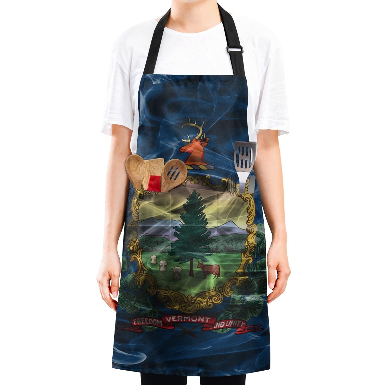 Poeticcity Vermont Flag Adjustable Apron Bib with 2 Pockets Kitchen Uniform Adjustable Neck Strap for Women Men Cooking Cleaning Work Wear Baking Gardening