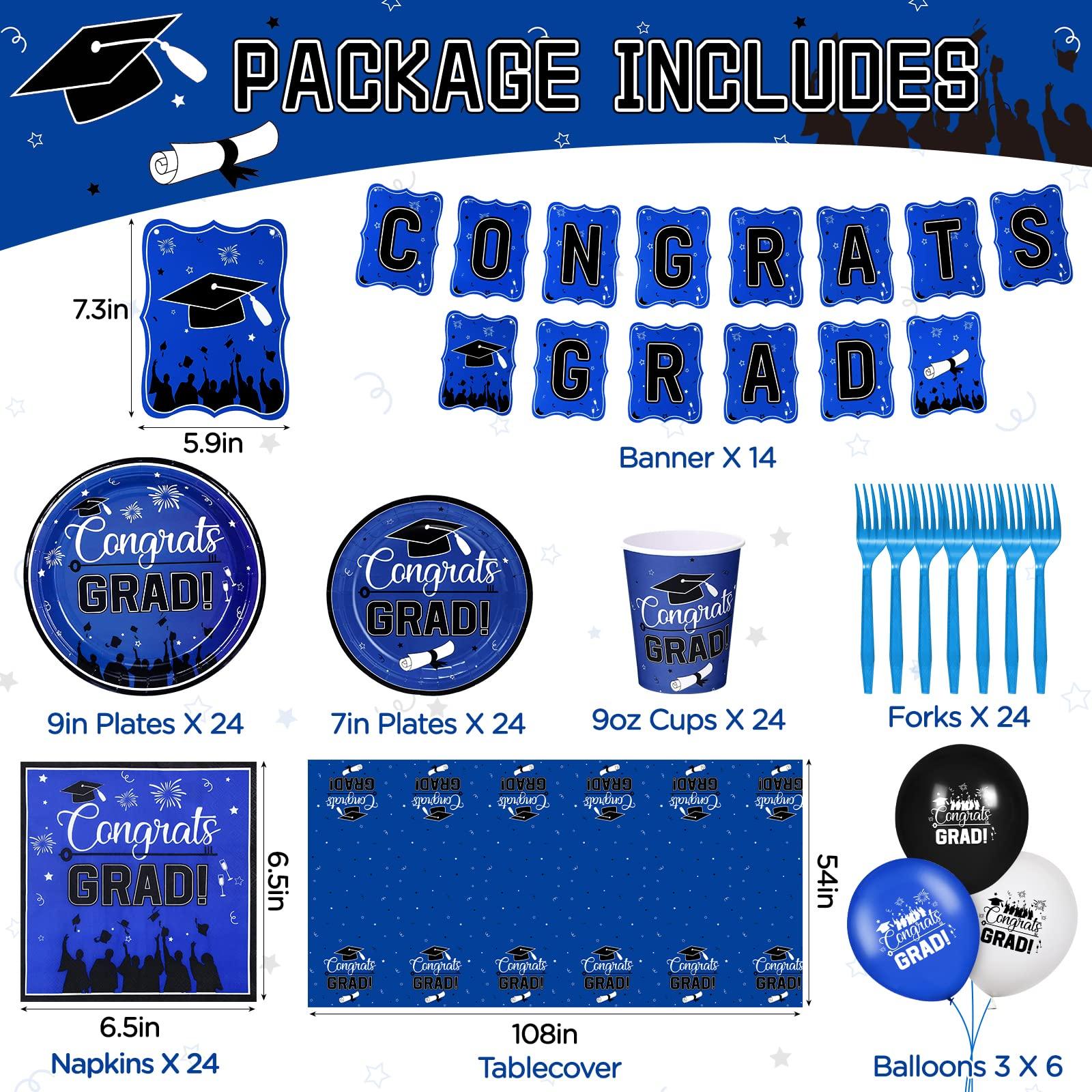 Rumia Graduation Party Decorations 2024 Blue Black Serve 24 Disposable Dinnerware Tableware Plates Napkins Cups Tablecloth Banner Balloons Graduation Congrats Grad Supplies for Class of 2024 School Students