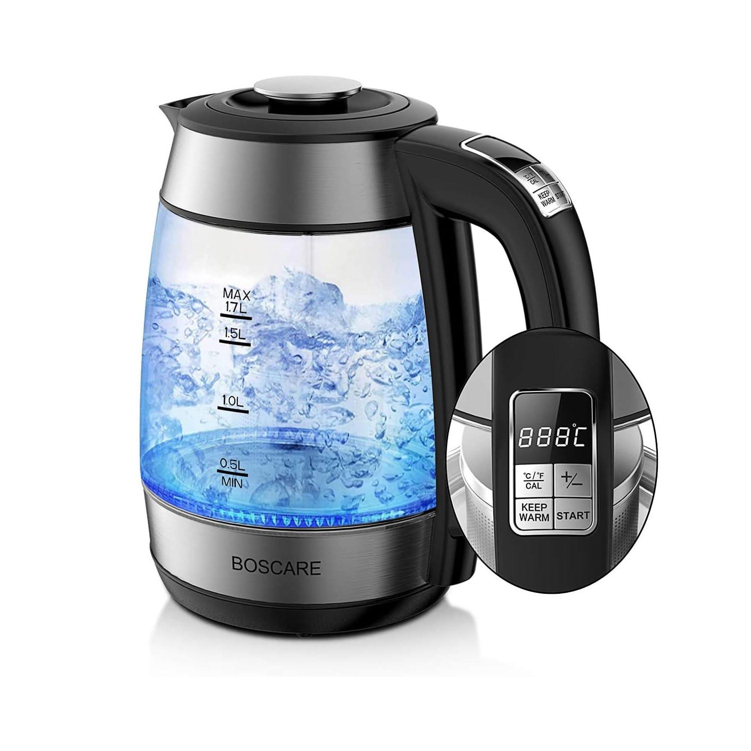 Fangflower Electric Glass Kettle 1.7L, Hot Water Boiler with 1500W Fast Boiling/ 5 Presets LED Indicator Lights/Removable Tea Infuser/Auto Shut-off