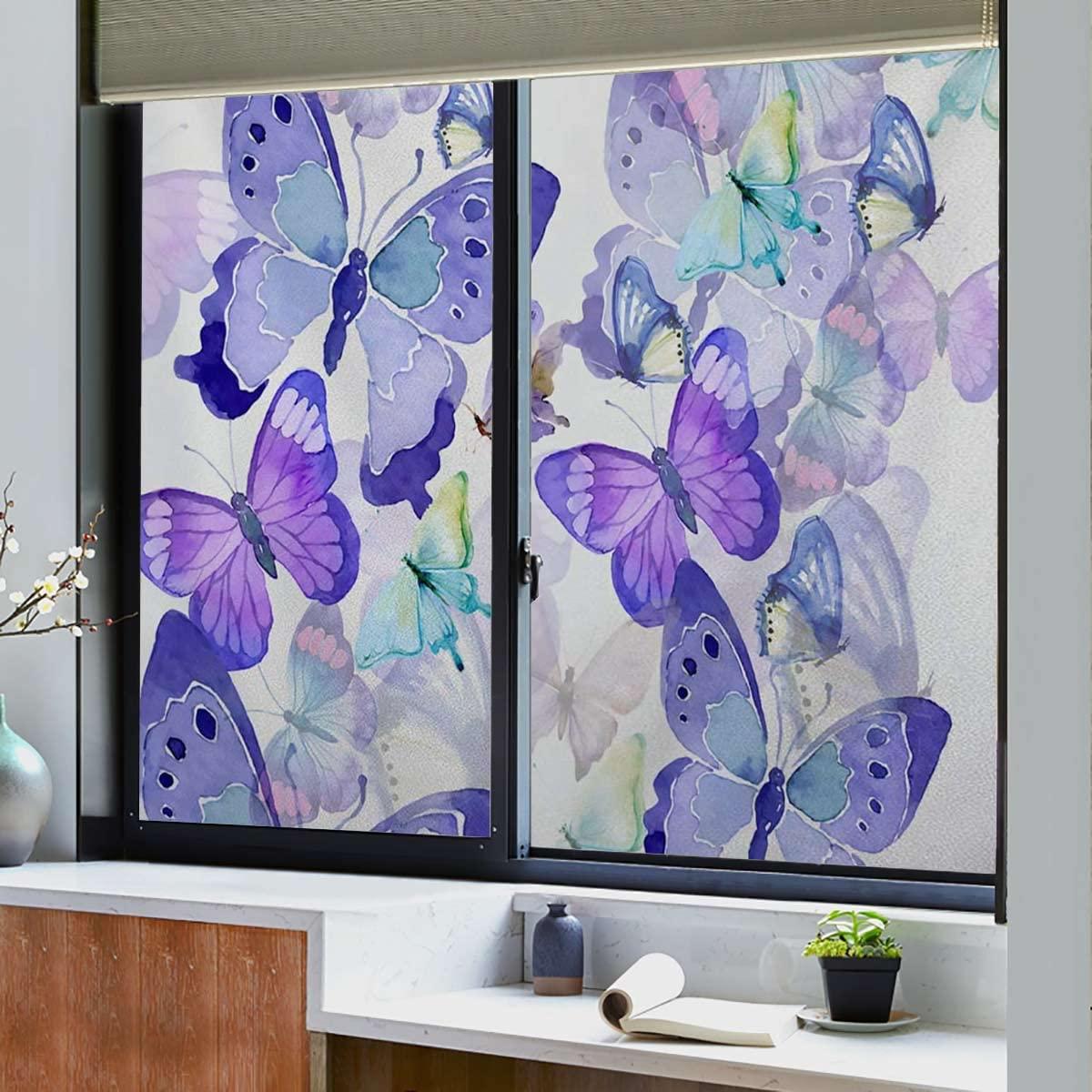 HomeLoft Basics Frosted Privacy Window Film No Glue Glass Door Film Stained Glass Window Tint Static Cling Heat Control Anti UV Freehand Butterfly Multicolor 29.5Wx78.7L-inch x2 Pcs