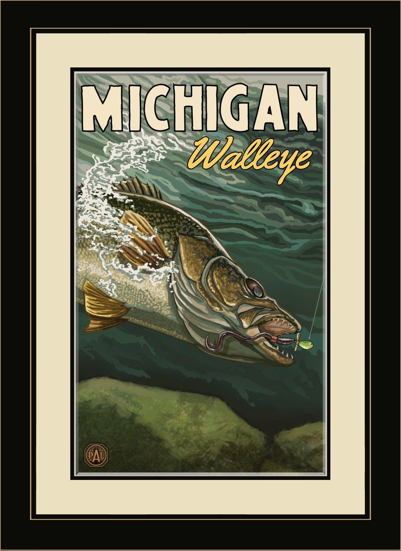 Northwest Art Mall Northwest Art Mall Michigan Walleye Framed Wall Art by Paul A. Lanquist, 13 by 16-Inch
