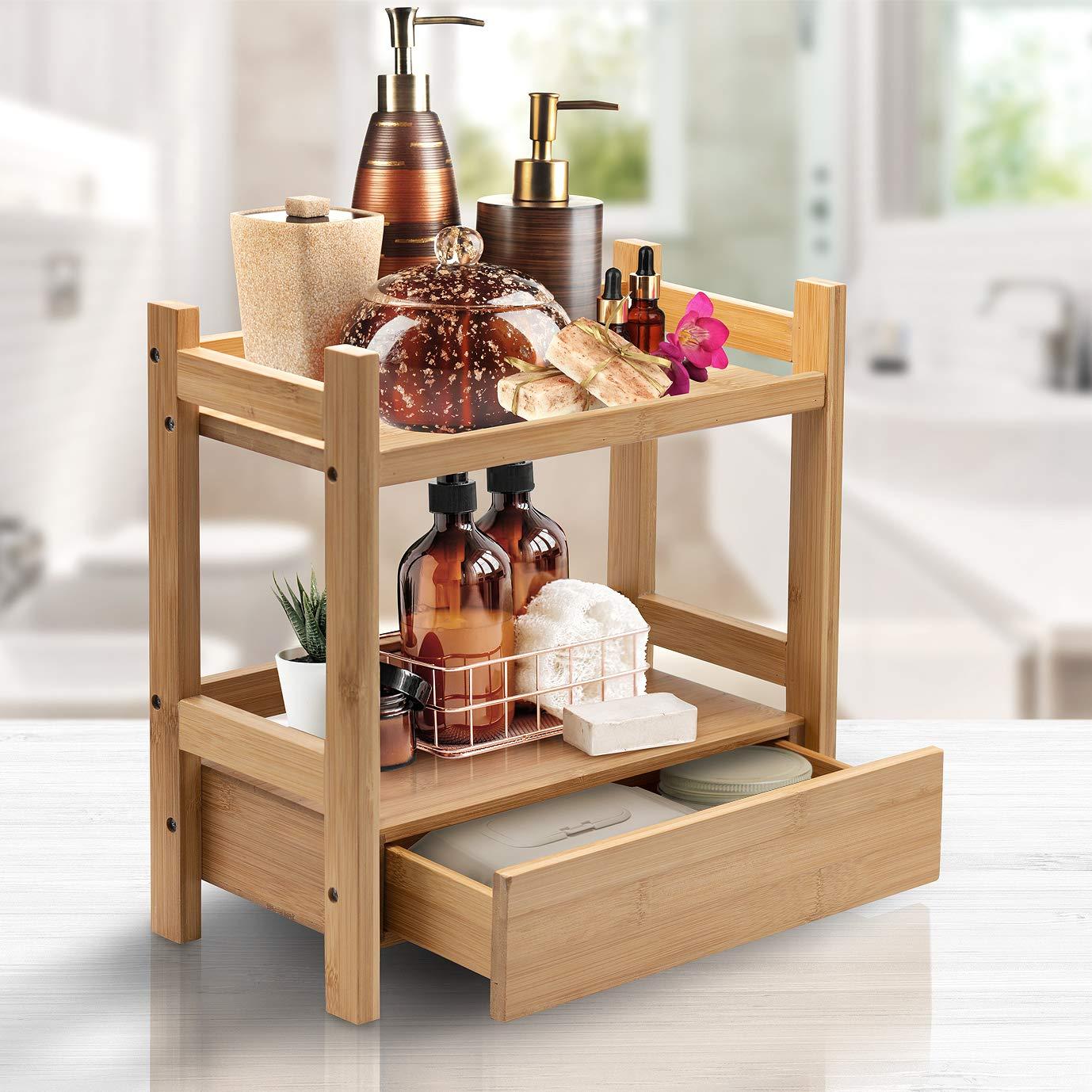 Sorbus Sorbus 2-Tier Bamboo Countertop Shelf with Hidden Drawer - Makeup Organizer - Multi-Purpose Storage for Skincare, Toiletries, Desktop - Display Stand Shelf for Bathroom Vanity Counter, Kitchen, Office
