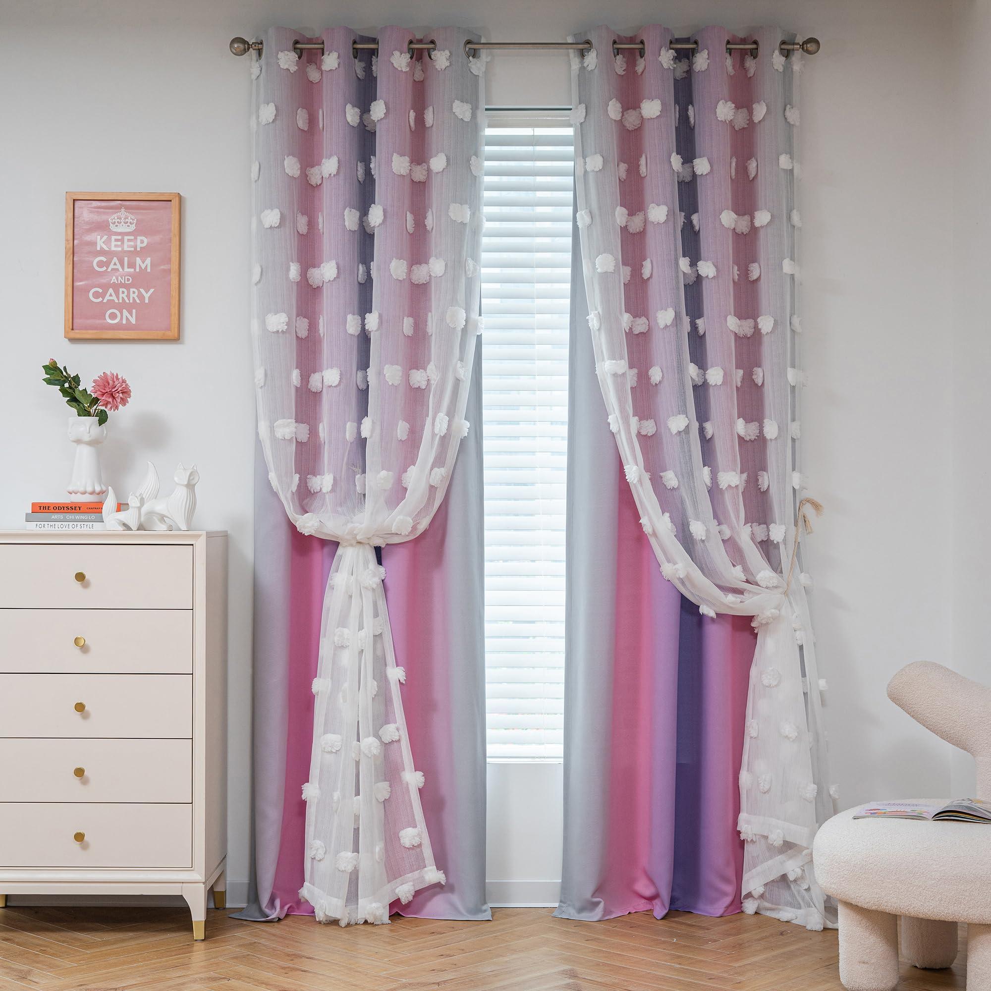 MYSKY HOME MYSKY HOME Pom Pom Curtains Blackout and Sheer Curtains for Girls Bedroom Ombre Nursery Curtains 84 Inch Long Room Darkening Princess Double Layer Curtains with Grommet Top Pink Purple 52 x 84 in
