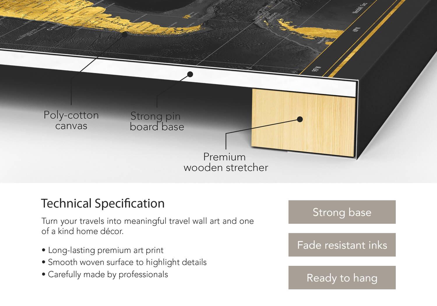 Pin Adventure map Push Pin World map with pins to mark travels - World Map pinboard - Gift for traveler & interior decor (40 x 30, Midnight Gold)