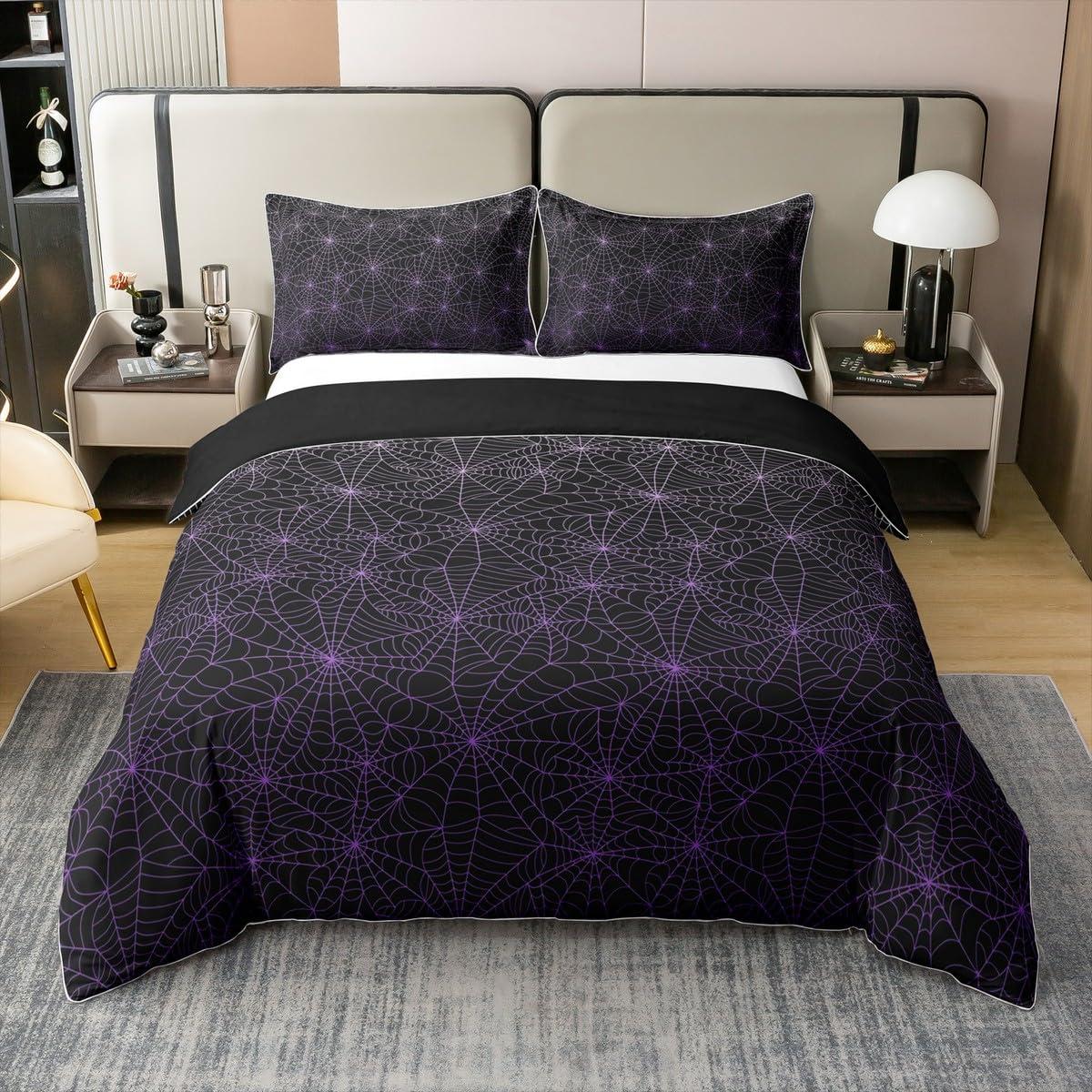 Erosebridal 100% Cotton Spider Web Bedding Set Full Size Halloween Duvet Cover Geometric Stripes Lines Comforter Cover Purple Ombre Quilt Cover for Adult Men Women Soft Comfy Bedroom Decor, Black White