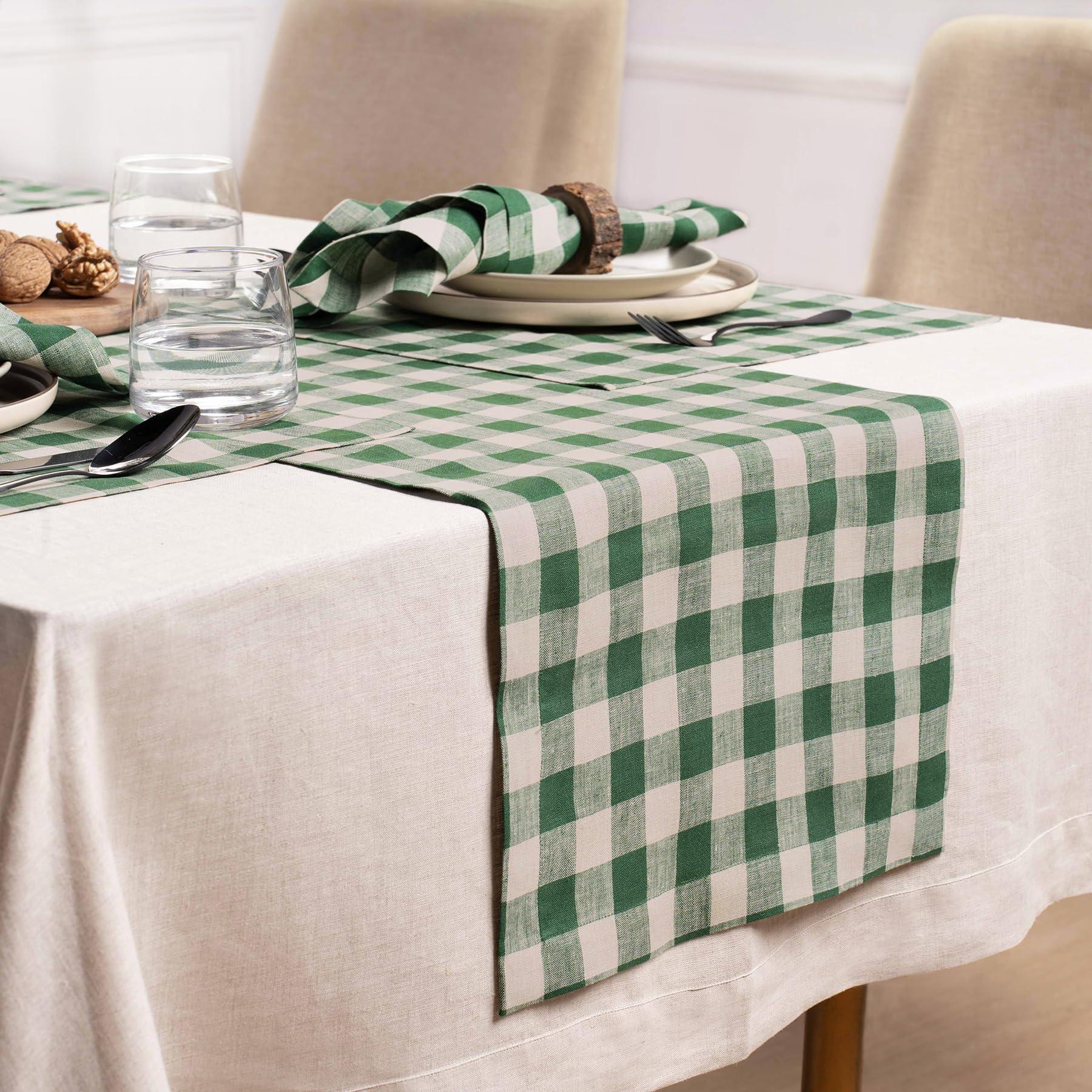 Solino Home Solino Home Linen Buffalo Check Table Runner 72 inches Long 100% Pure Linen Green and Natural Plaid Table Runner 14 x 72 Inch Farmhouse Table Runner, Morgan Check