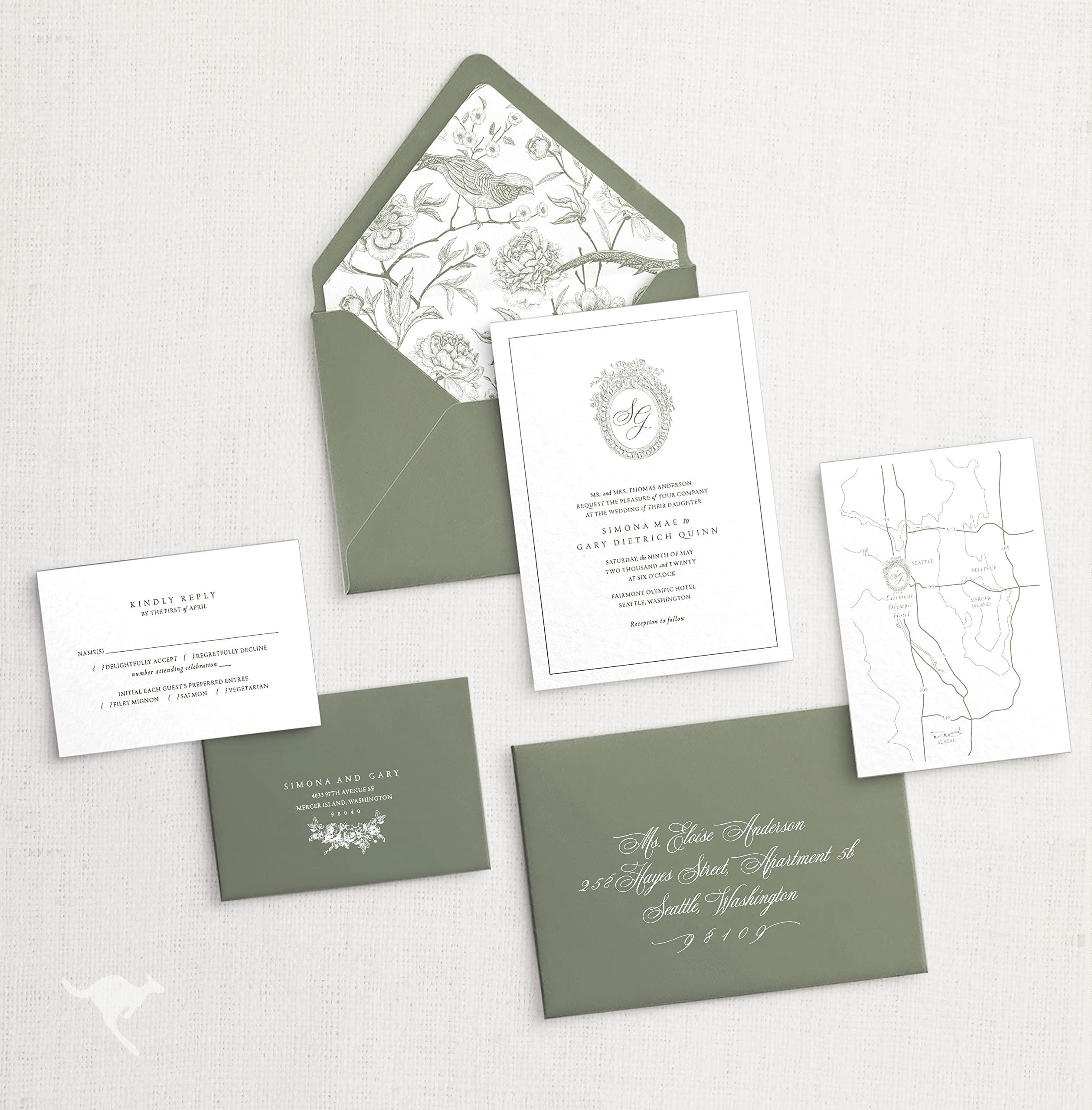 marsupial papers Letterpress Wedding Invitations | Customizable Elegant, Floral, Custom Printed | Simona Wedding Invitation with RSVP Envelopes Details Cards (Set of 150, Package 3)