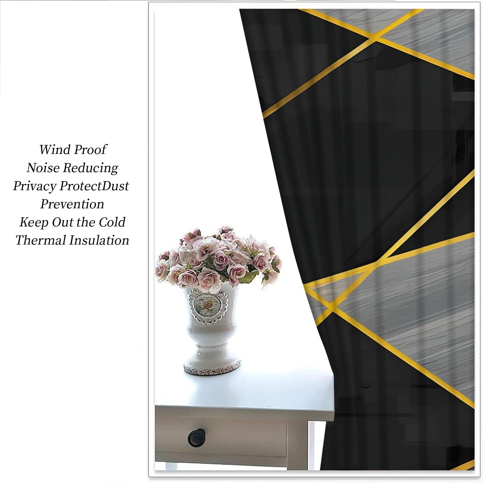FNOIMO Black and Gray Irregular Geometry Blackout Curtains, Golden Luxury Abstract Lines Grommet Drapes 2 Panel Set, Grommet Thermal Insulated Window Curtain for Living Room Bedroom Office 104"W x 84"L