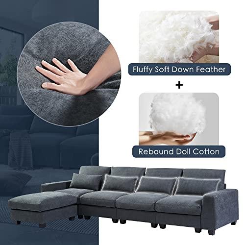 PONLEE Extra Wide Deep Seat Feather Filled Convertible Modular Sectional Sofa Cloud Couch with Reversible Chaise and Waist Pillows, 6 Seater Oversized Sleeper Lounge Sofa&Couches for Living Room Office