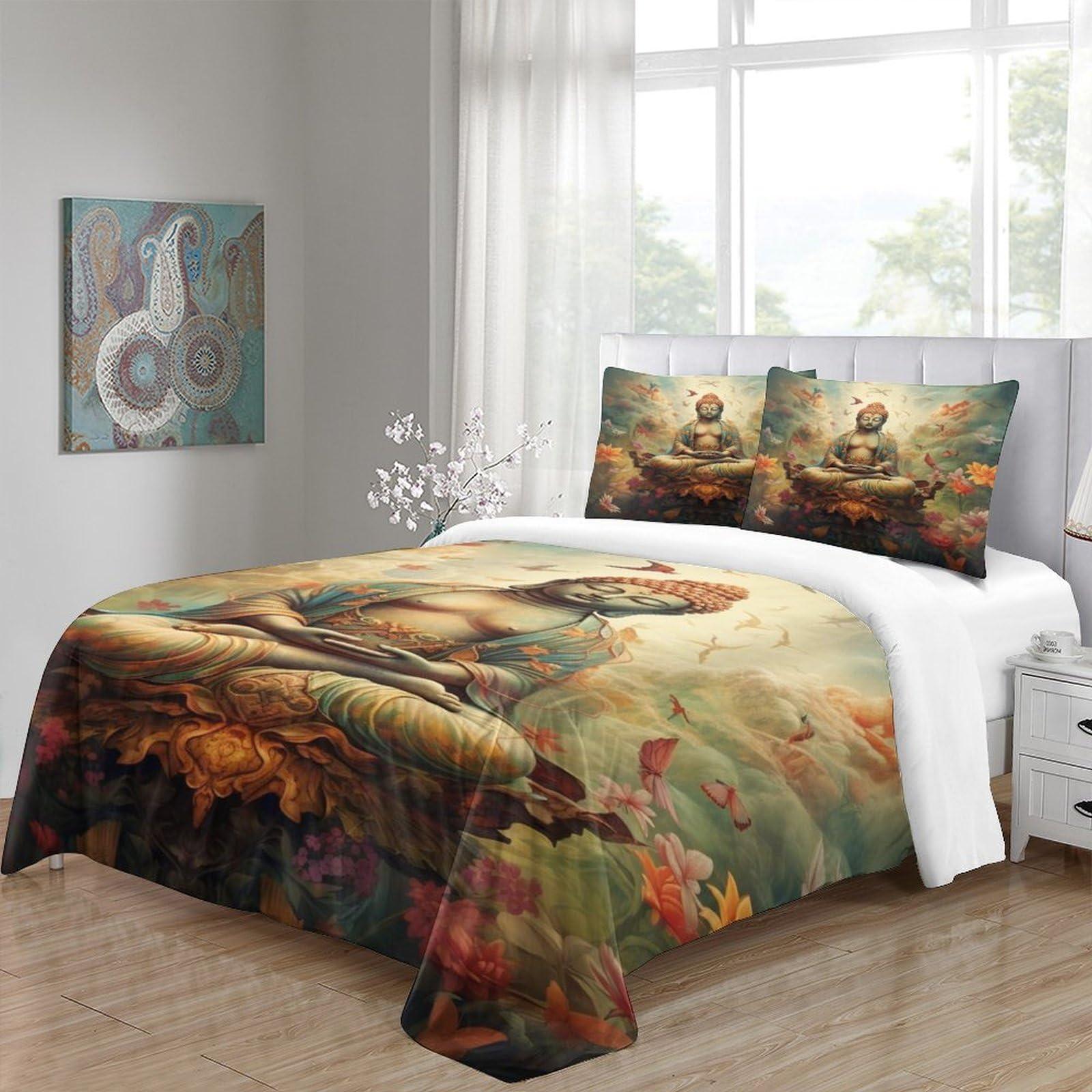 BUKISA BUKISA 3D Pattern Art Style Comforter Cover, Soft and Delipussycate Buddha Duvet Cover with Pillowcase, Cozy 3 Pieces Bed Set, Luxe Full203x228cm Bedding Set, for Kids Teens and Adults Bedroom
