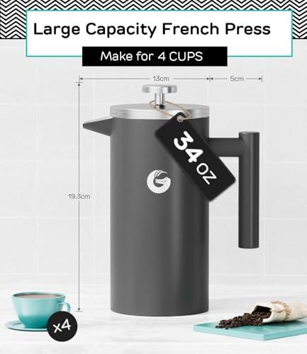 Coffee Gator Coffee Gator French Press Coffee Maker - 34ozThermal Insulated Brewer Plus Travel Jar - Large Capacity, Double Wall Stainless Steel - Gray