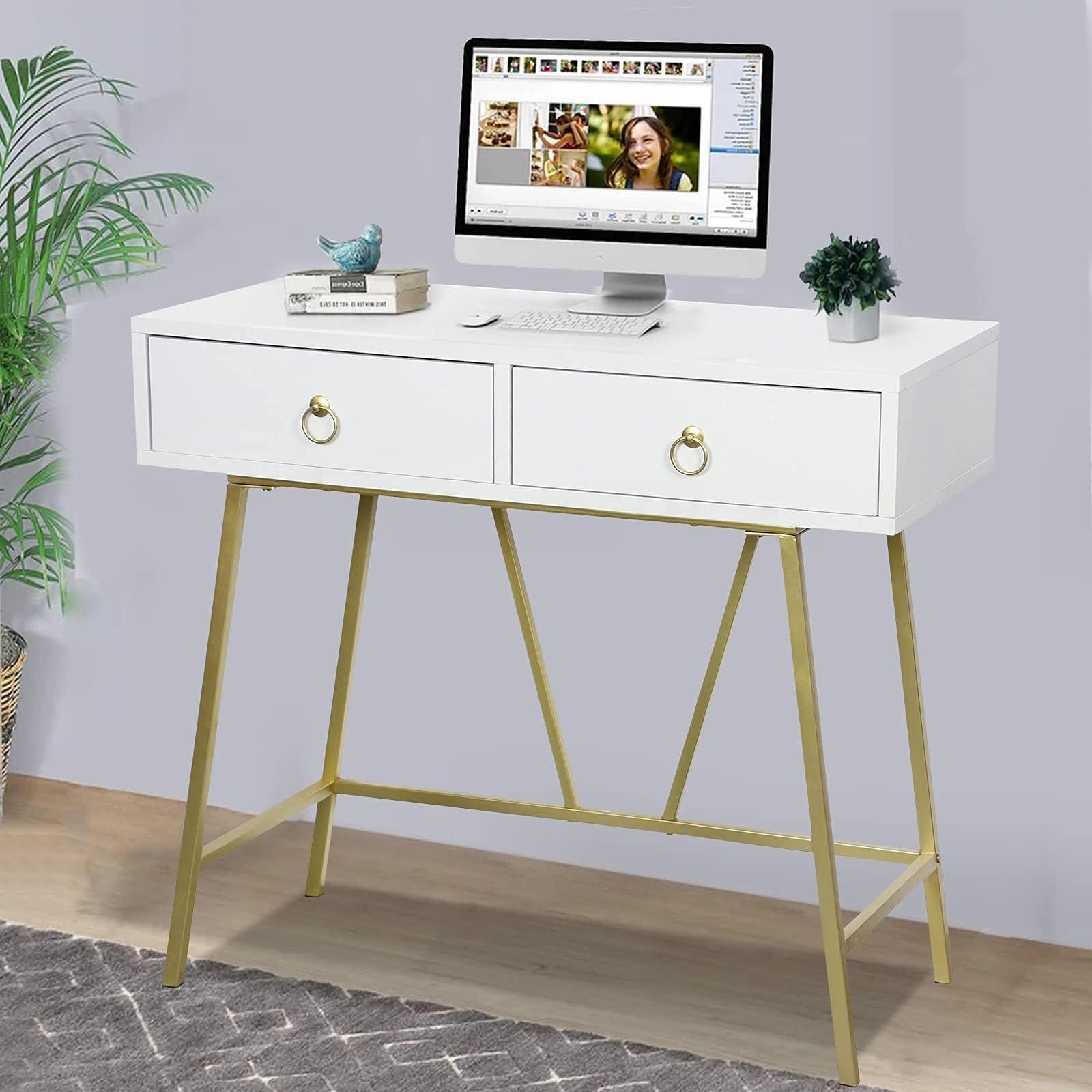 BOBONI BOBONI Simple Steel and Wood Office Desk Furniture, Makeup Desk, Computer Desk with 2 Drawers, White and Gold Tables