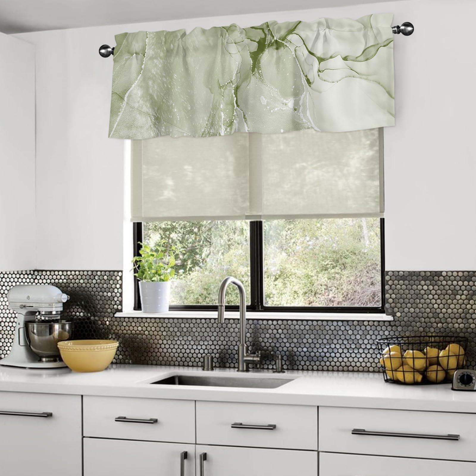 SODIKA SODIKA Sage Green Marble Valance for Windows Kitchen Living Room Valances Rod Pocket Bathroom Small Window Treatment Abstract Chic Elegant Watercolor Curtain 1 Panel, 54 x 18 Inch