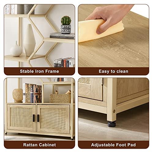 SPOFLYINN SPOFLYINN 7-Tier Bookshelf, Rattan Bookcase with 2 Doors Storage Cabinet Organizer, Free Standing Shelf Units for Living Room Home Office, 39.4''W x 13.8'' D x 75.6'' H Natural As Shown One Size