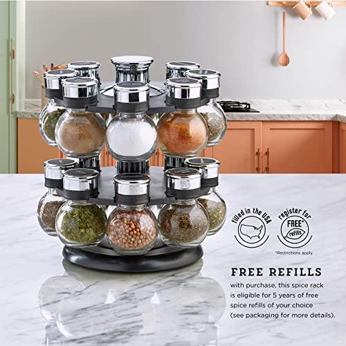 Kamenstein Kamenstein 16 Jar Ellington Revolving Countertop Spice Rack with Lift & Pour Caps and Spices Included, FREE Spice Refills for 5 Years: Black and Chrome