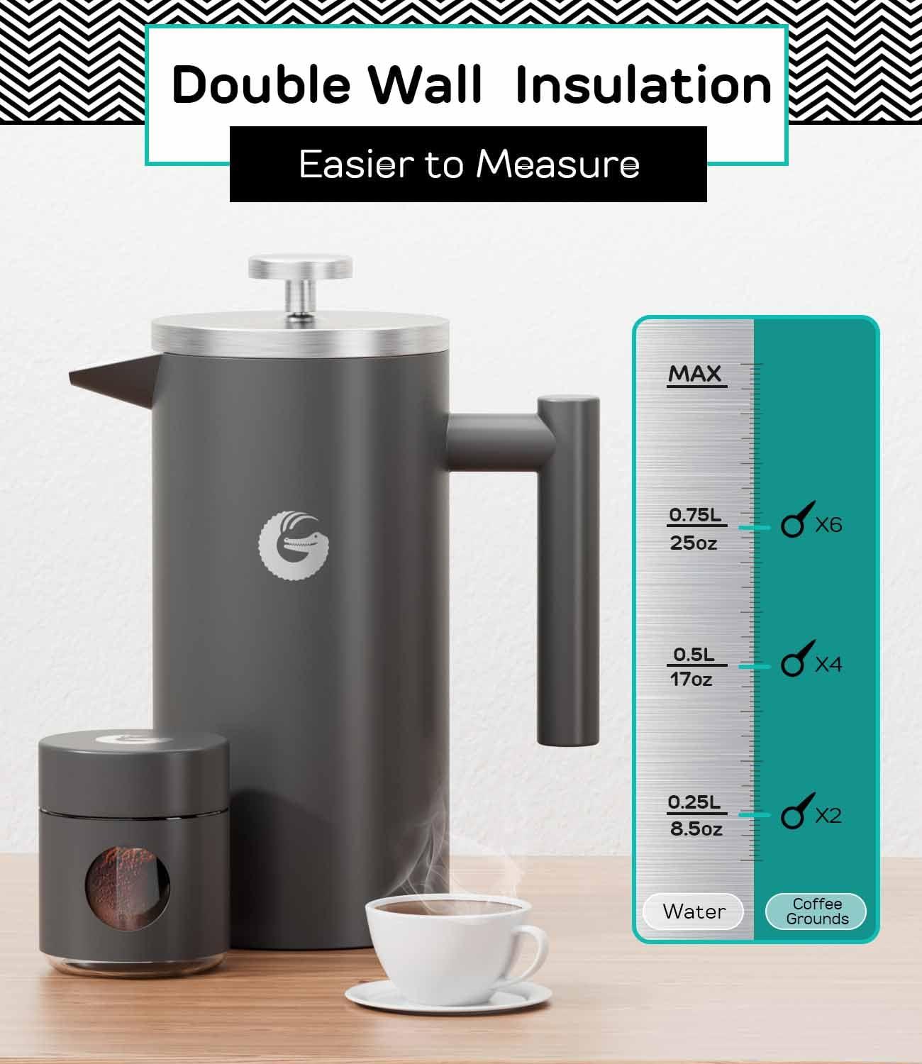 Coffee Gator Coffee Gator French Press Coffee Maker - 34ozThermal Insulated Brewer Plus Travel Jar - Large Capacity, Double Wall Stainless Steel - Gray