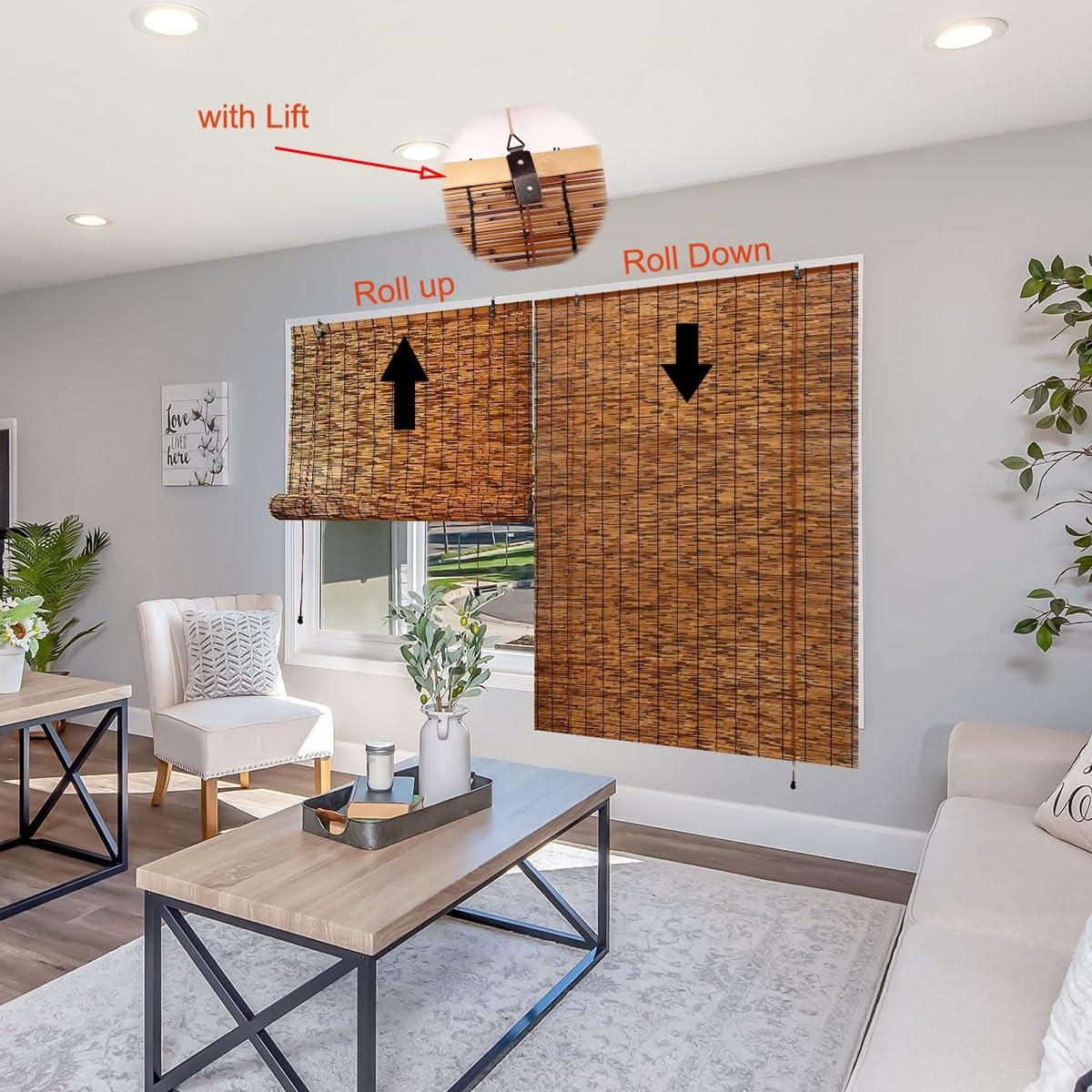 ZXBMYLV Outdoor Bamboo Roller Blinds, 24" 28" 30" 32" 36" 40" 42" 46" 48" 51" 53" 54" 60" 72" Wide, Cordless Bamboo Roman Window Shades For Porch Privacy Protection, Blackout Bamboo Roll Up Curtains With Lift