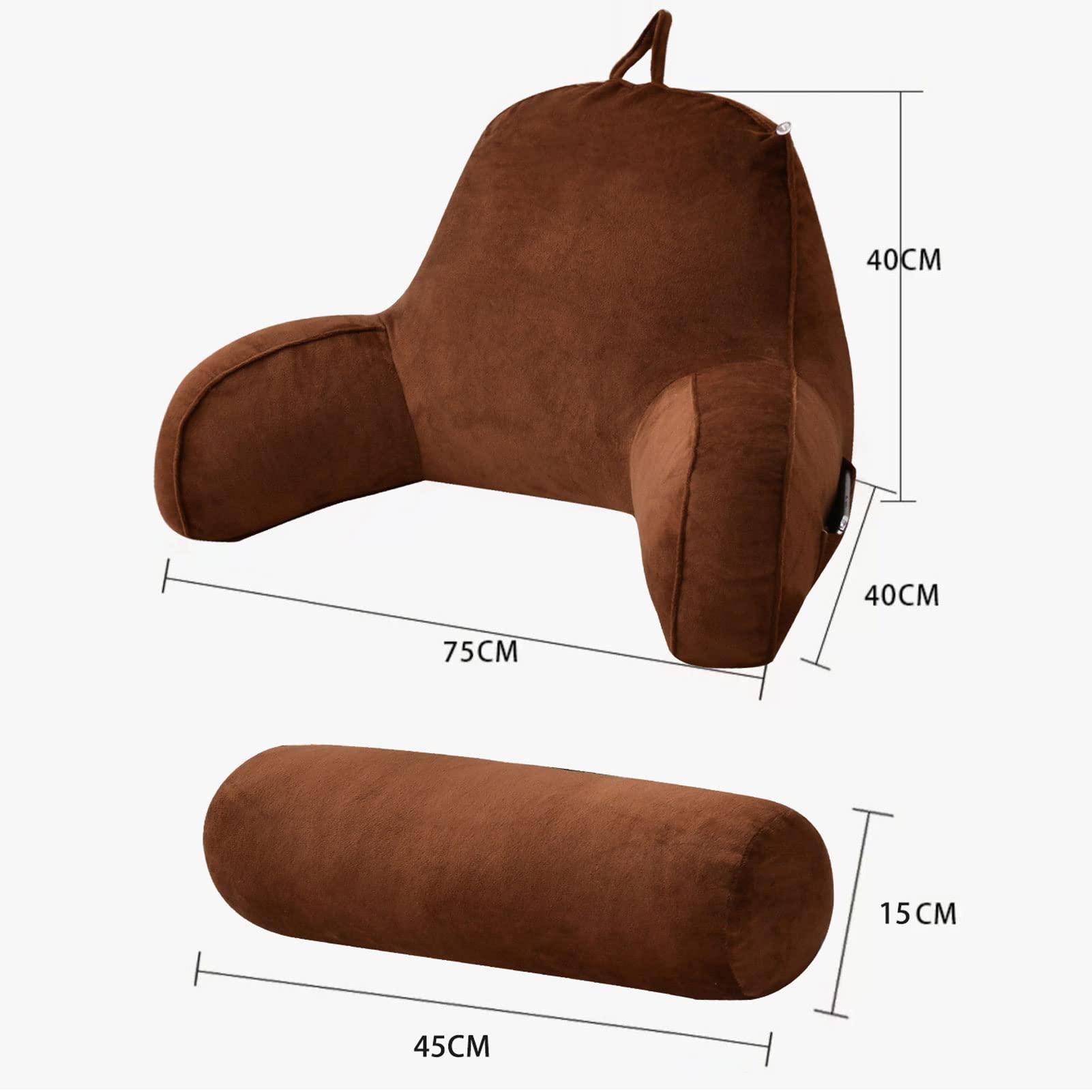 MDERTEC Reading Pillow, Bed Chair Pillow with Arms for Adults-Detachable Neck Roll, Back Support Bed Rest Pillows, Great As Backrest for Books Or Gaming (Coffee 75 * 40 * 40cm)