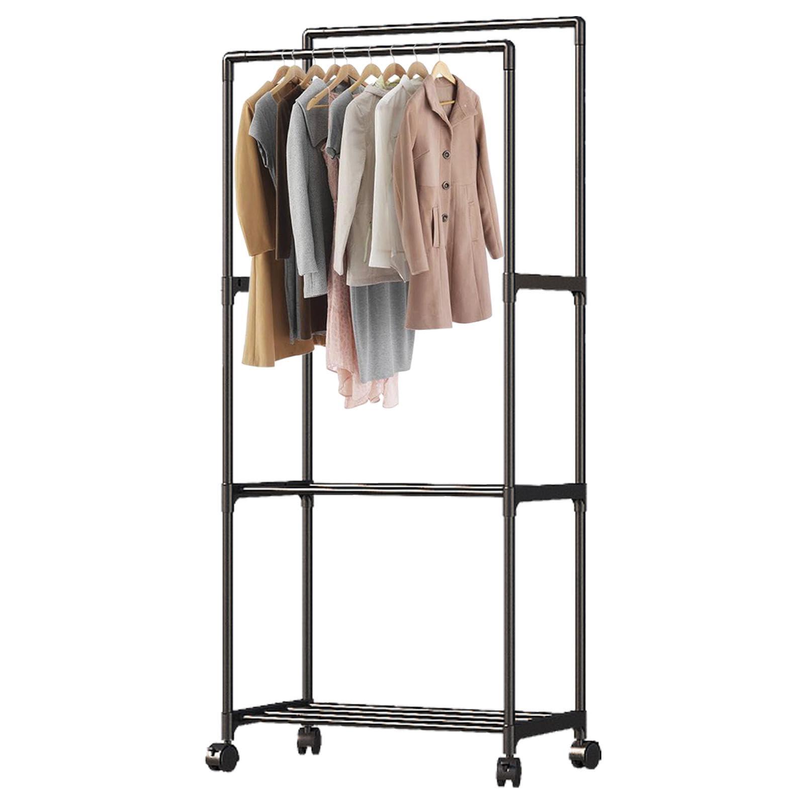 Libaroud Double Rods Clothing Rack with Wheels, Rolling Hanging Clothes Rack, Multi-functional Bedroom Clothes Rack for Bedroom, Living Room, Clothing Store