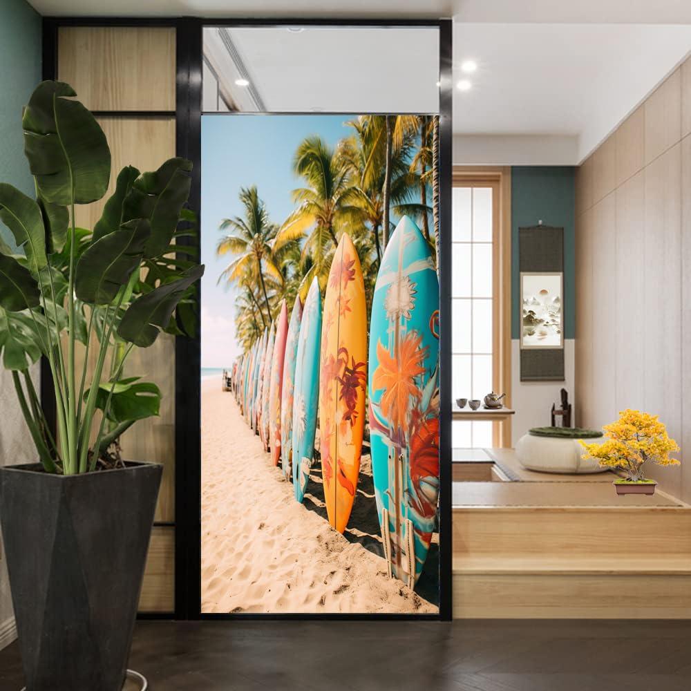 SOPIYRIO SOPIYRIO Beach Surfboards Stained Glass Window Film Tropical Palm Trees Summer View Privacy Window Film Non-Adhesive Glass Film Decorative Static Cling Film for Home Office 31.5Wx47.2L inch