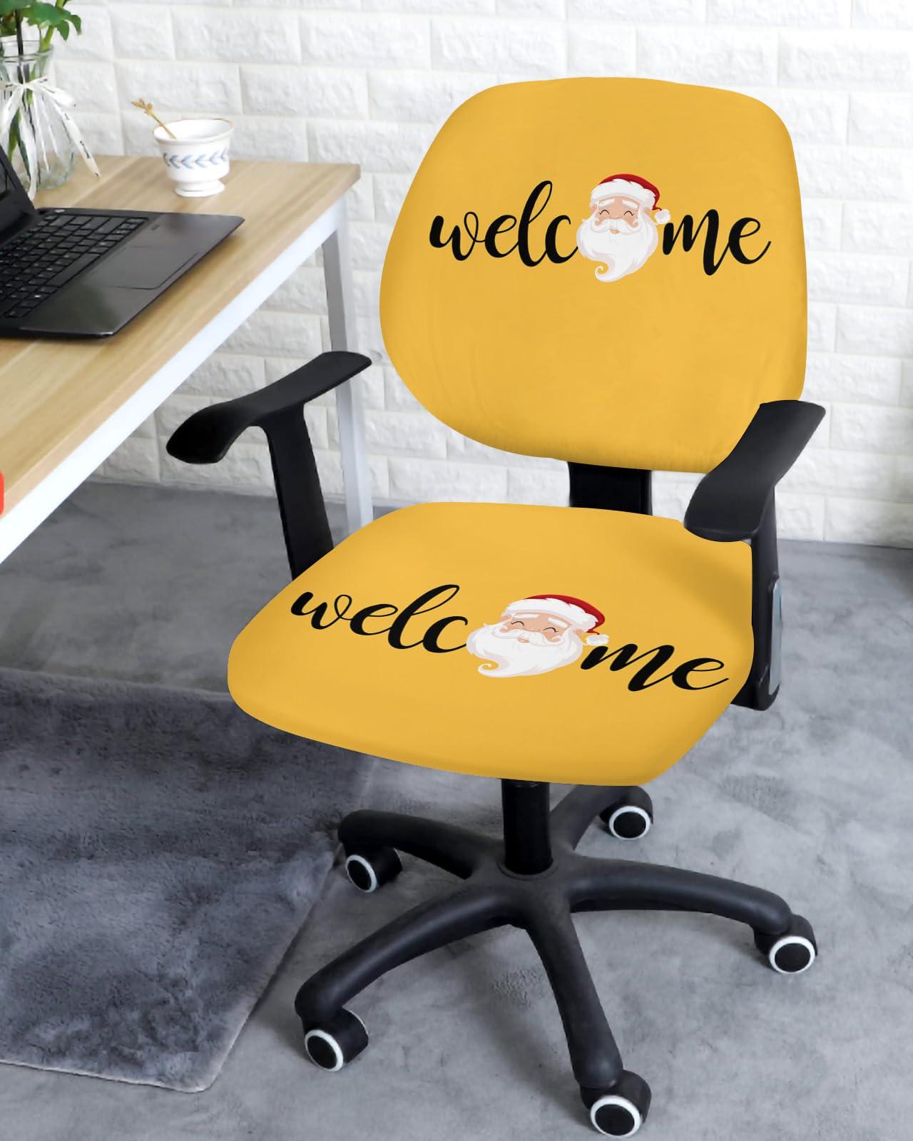AMZRicher AMZRicher Christmas Santa Office Chair Cover Stretchable Computer Chair Seat Cover Backrest Slipcovers, Welcome Merry Christmas Yellow Stretchable Rotating Desk Chair Seat Cushion Split Protectors