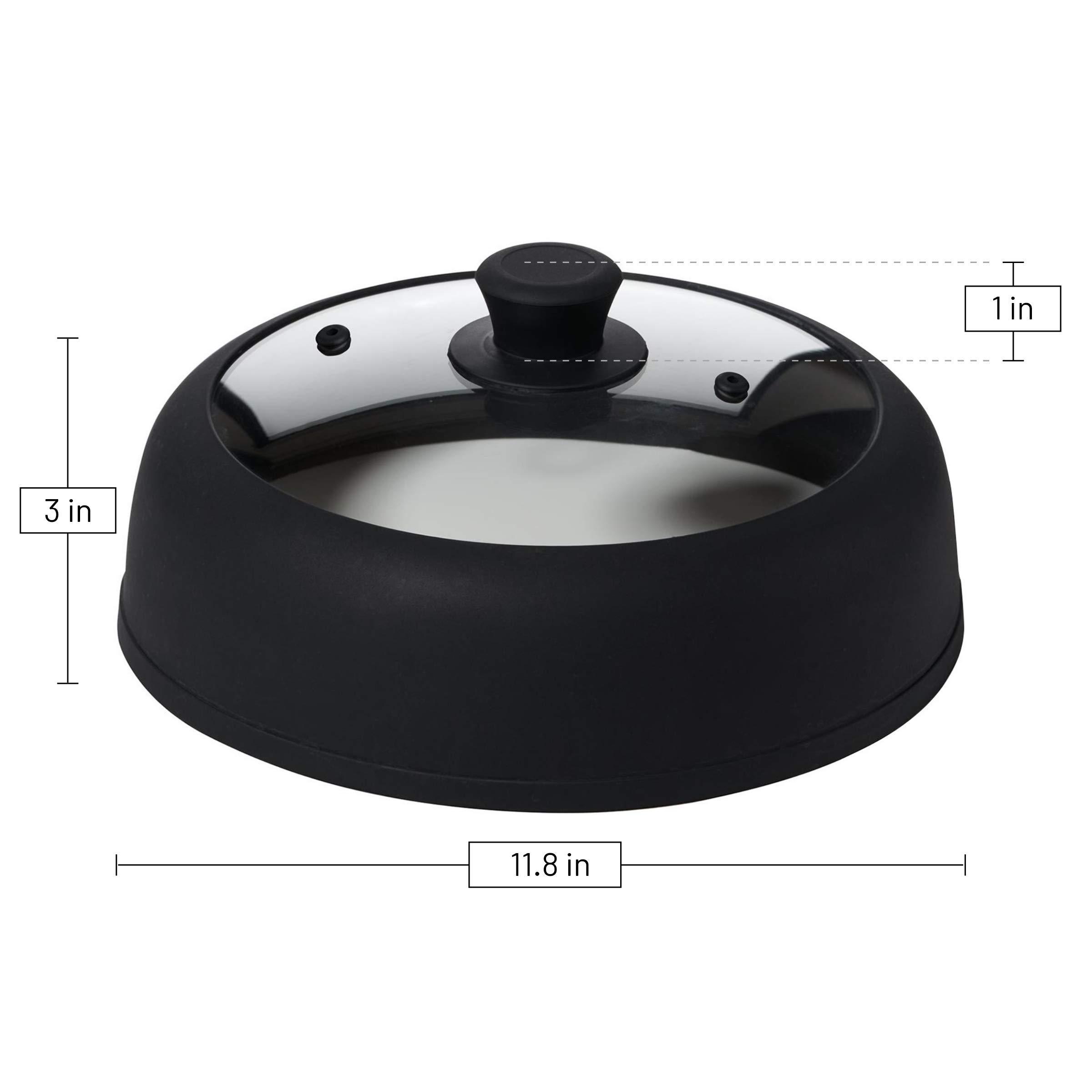 Bezrat Bezrat Vented Glass Microwave Plate Cover | Large 12-inch Splatter Guard Lid | Firm Grip Silicone handle | 100% Food Grade | Dishwasher Safe (Black)