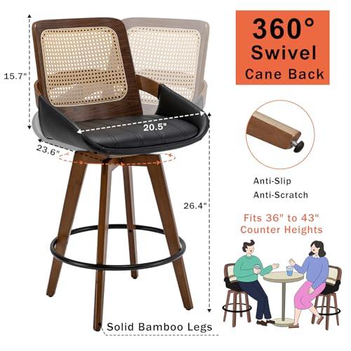 KUNZENT Set of 2 Swivel Rattan Counter Stools - 26.4 inch Mid Century Modern Bar Stools with Cane Back, Upholstered Seat, Curved Arms, Faux Leather Bar Stools for Kitchen/Island/Counter (Walnut Black)