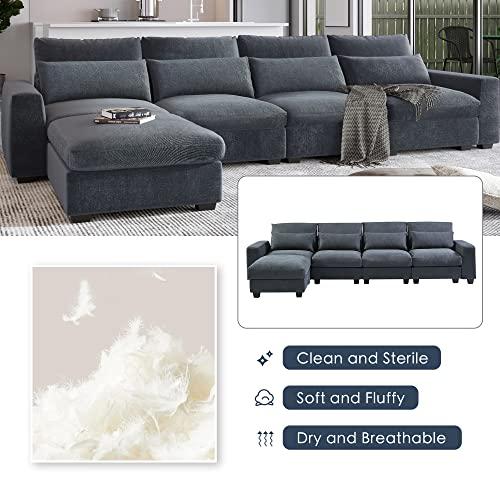 PONLEE Extra Wide Deep Seat Feather Filled Convertible Modular Sectional Sofa Cloud Couch with Reversible Chaise and Waist Pillows, 6 Seater Oversized Sleeper Lounge Sofa&Couches for Living Room Office