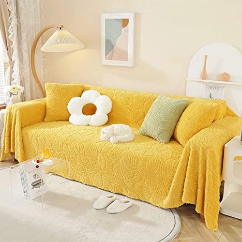 SPOUR Throws for Sofas Large Throws for Settees, Soft Cozy Warm Fluffy Jacquard Blanket for Couch Beds Sofa, Solid Color Sofa Throw Blanket (Yellow-A,180x130cm)