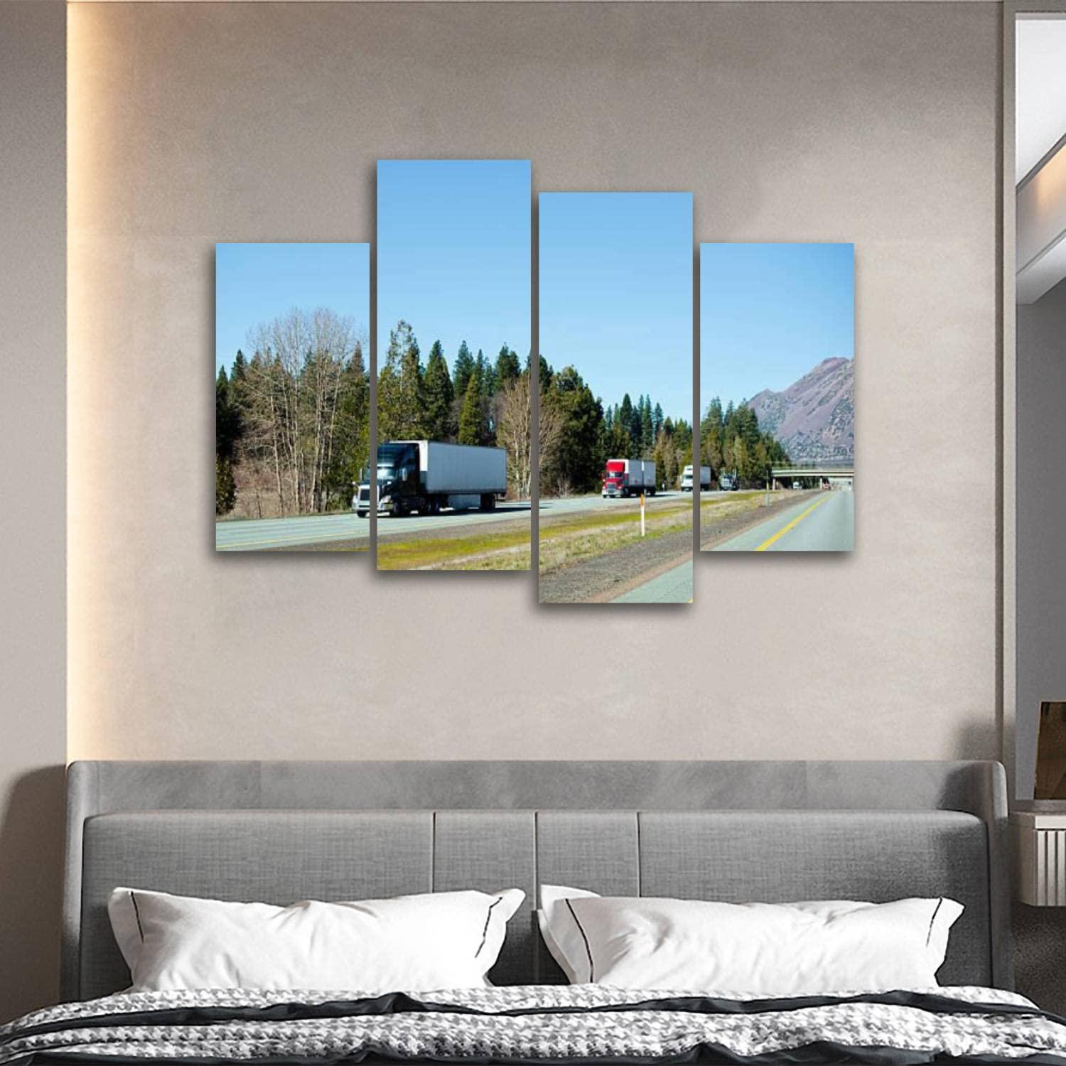 CXHSZHYZYQ Canvas Wall Art Prints Pictures Semi trucks trucking convoy interstate highway California Stretched & Framed Modern Wall Painting Home Decor for Living Room Bedroom Ready to Hang 4 Panel