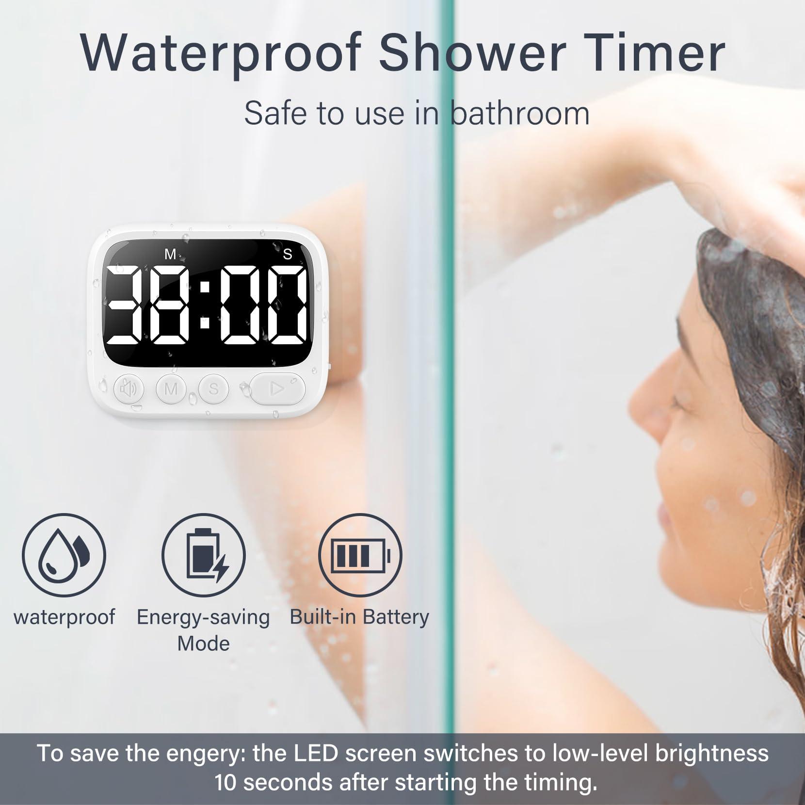 HAUKINIX HAUKINIX Shower Timer Waterproof Bathroom Timer Toilet Timer Digital Kitchen Timer for Wall Mount, Study Timer w/Foldable Stand, Countdown Timer Stopwatch w/Suction Cup for Swim, Rechargeable, White
