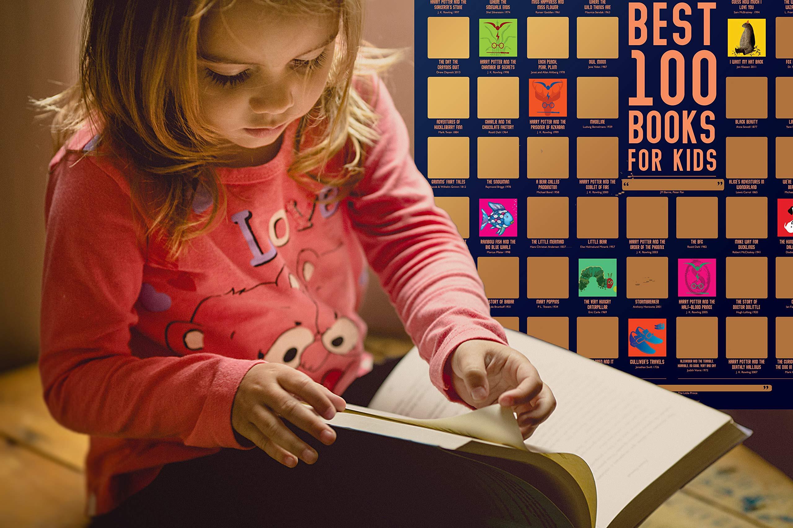 Travel Revealer Travel Revealer 100 Kids Books Scratch Off Poster, Best 100 Books for kids Scratch Off Poster, 24x17 Gold Foil Novel Scratch Off Poster with learn to read books