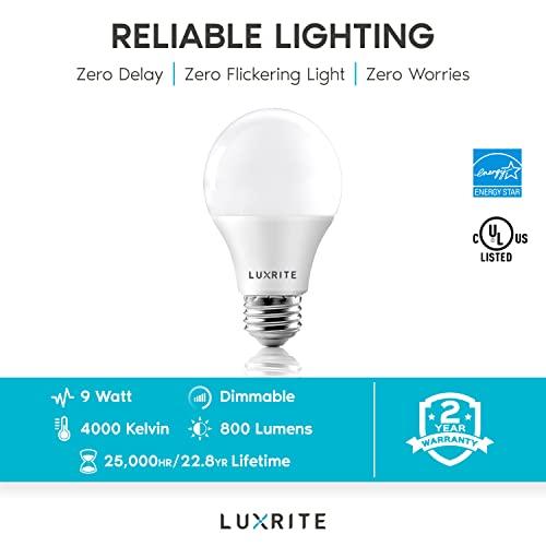 LUXRITE LUXRITE A19 LED Light Bulb 60W Equivalent, 4000K Cool White Dimmable, 800 Lumens, Standard LED Bulb 9W, E26 Base, Energy Star, Enclosed Fixture Rated, Perfect for Lamps and Home Lighting (4 Pack)
