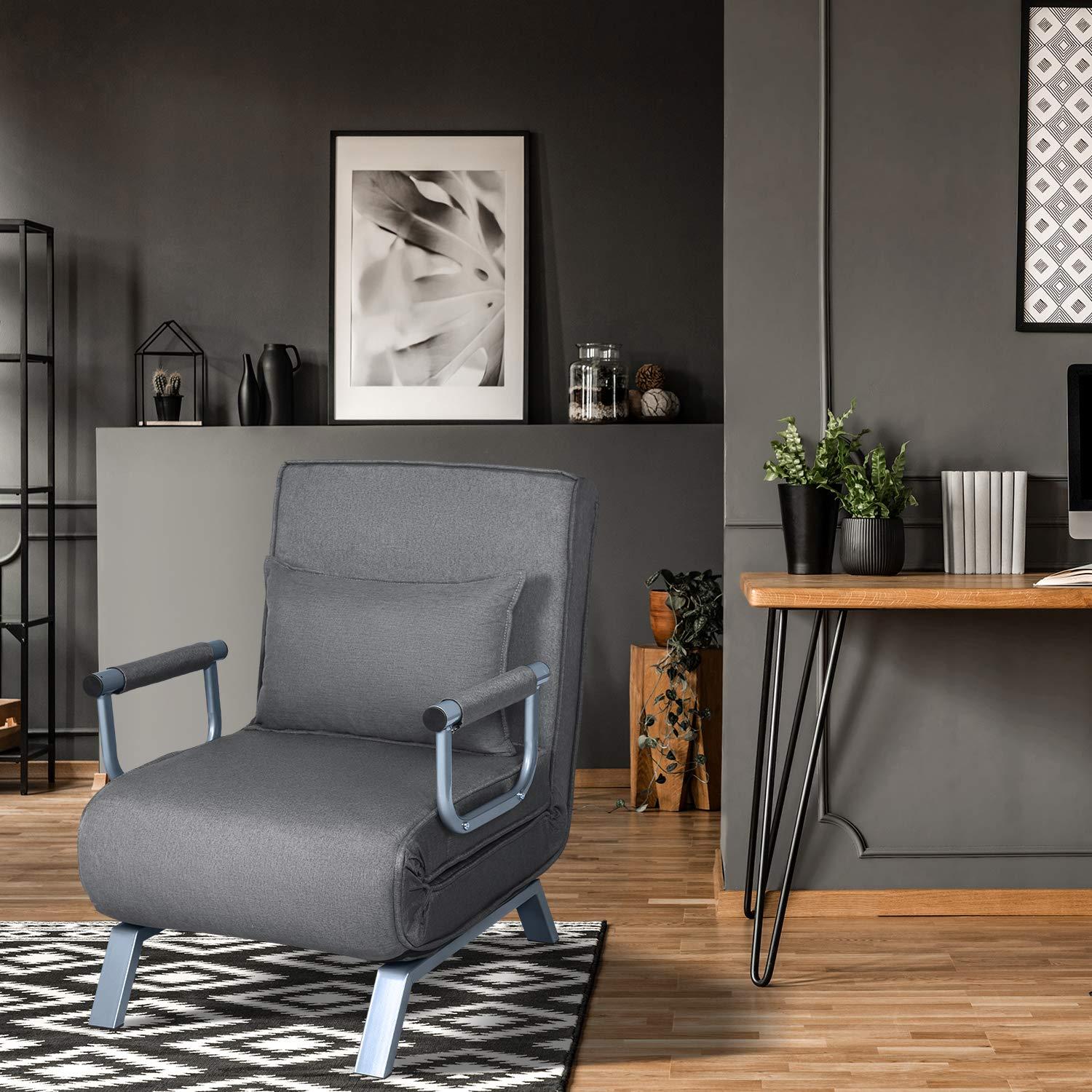 N / Convertible Sofa Bed Sleeper Chair, Modern Chaise Lounge 5 Position Adjustable Backrest, Folding Arm Chair Sleeper with Pillow, Upholstered Seat, Couch for Bedroom Home Office, Grey