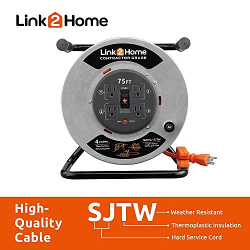 Link2Home Link2Home Contractor Grade Retractable Extension Cord Reel 75 Ft. With 4 Outlets & Heavy Duty/High Visibility 3-Prong SJTW Cord