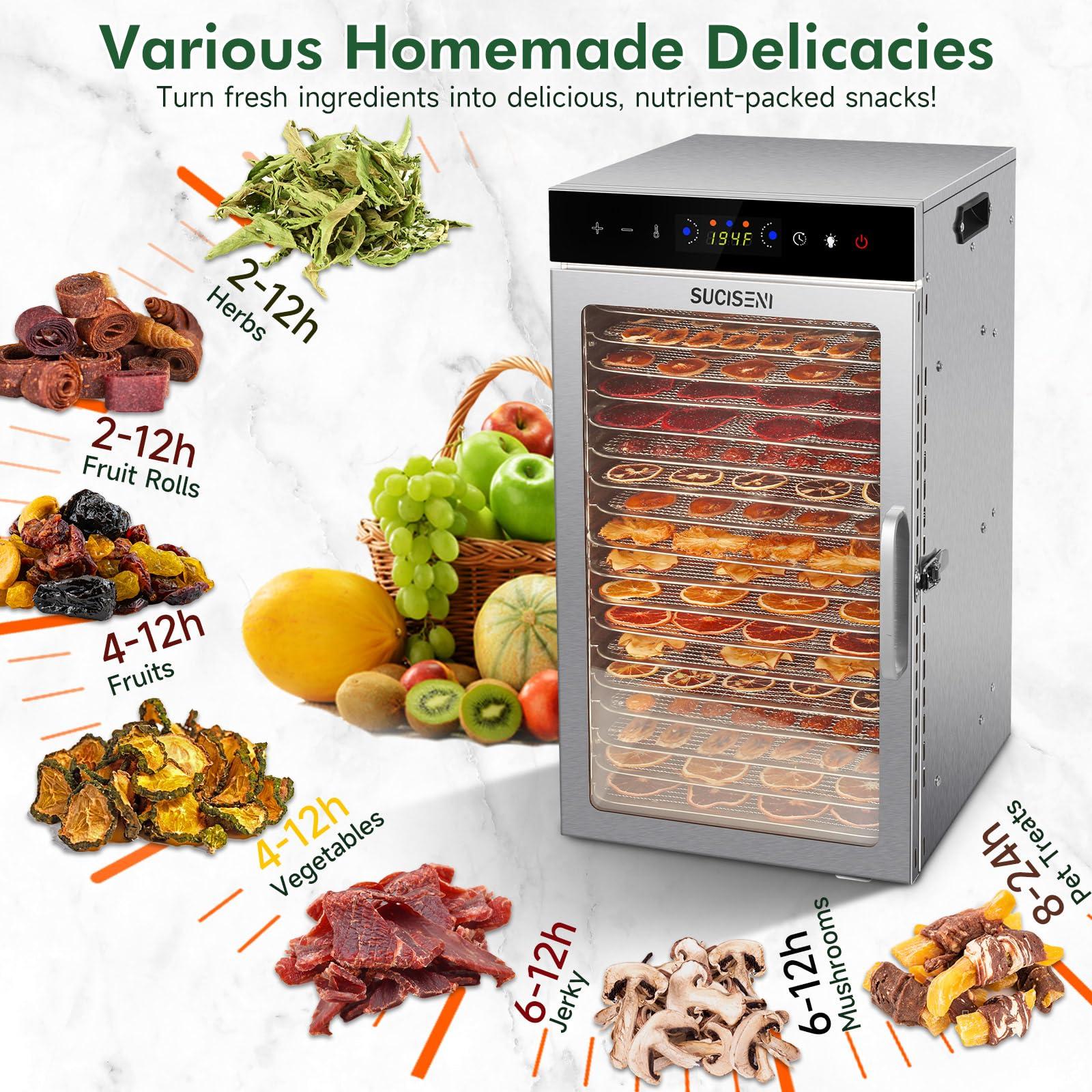 SUCISENI SUCISENI Commercial Food Dehydrator Machine 800W 18 Trays Stainless Steel Food Dehydrated Dryer with 24H Timer Touch-Control LED Display Over Heat Protection for Jerky Herbs Meat Beef Fruit Vegetables